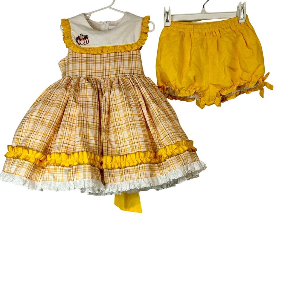 Two Roosters Clothing Girls Jasmine's Be Thankful Dress w/ Bloomers Yellow 5 EUC